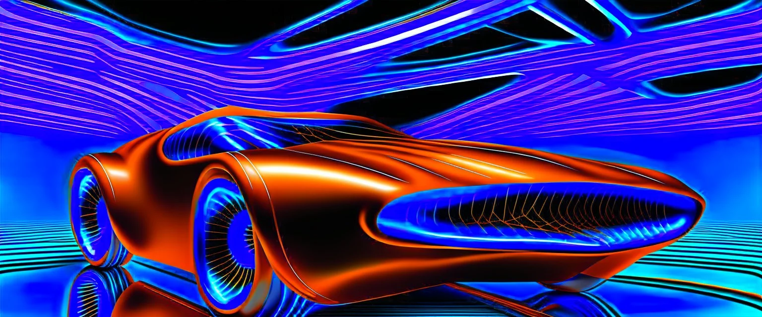 award winning car and driver photograph of a futuristic station wagon designed by only one vehicle per image painted metallic orange traveling at a high rate of speed, jet intake off of front center of vehicle and jet exhaust out the rear with bright blue flame, bilaterally symetrical, more a high speed road vehicle