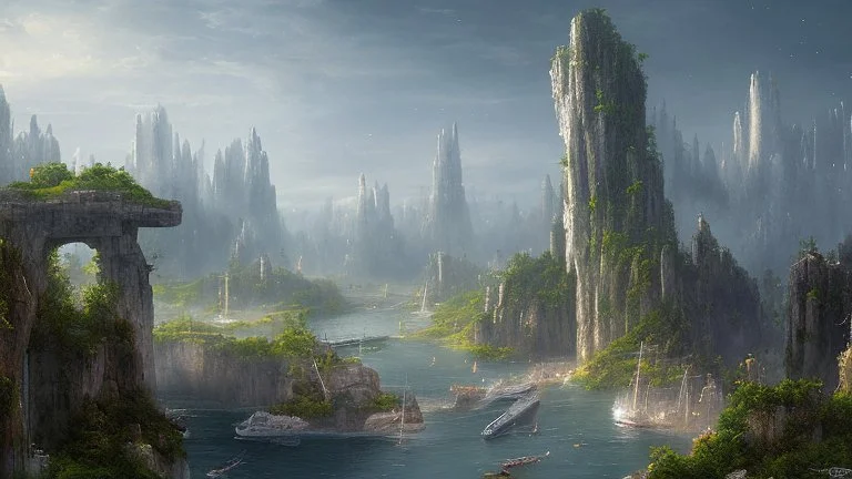 Many spaceliners docked at a huge busy spaceport, with gantries and walkways, setting into the side of a huge cliff, trees, vines and plants, Star Wars, Star Trek