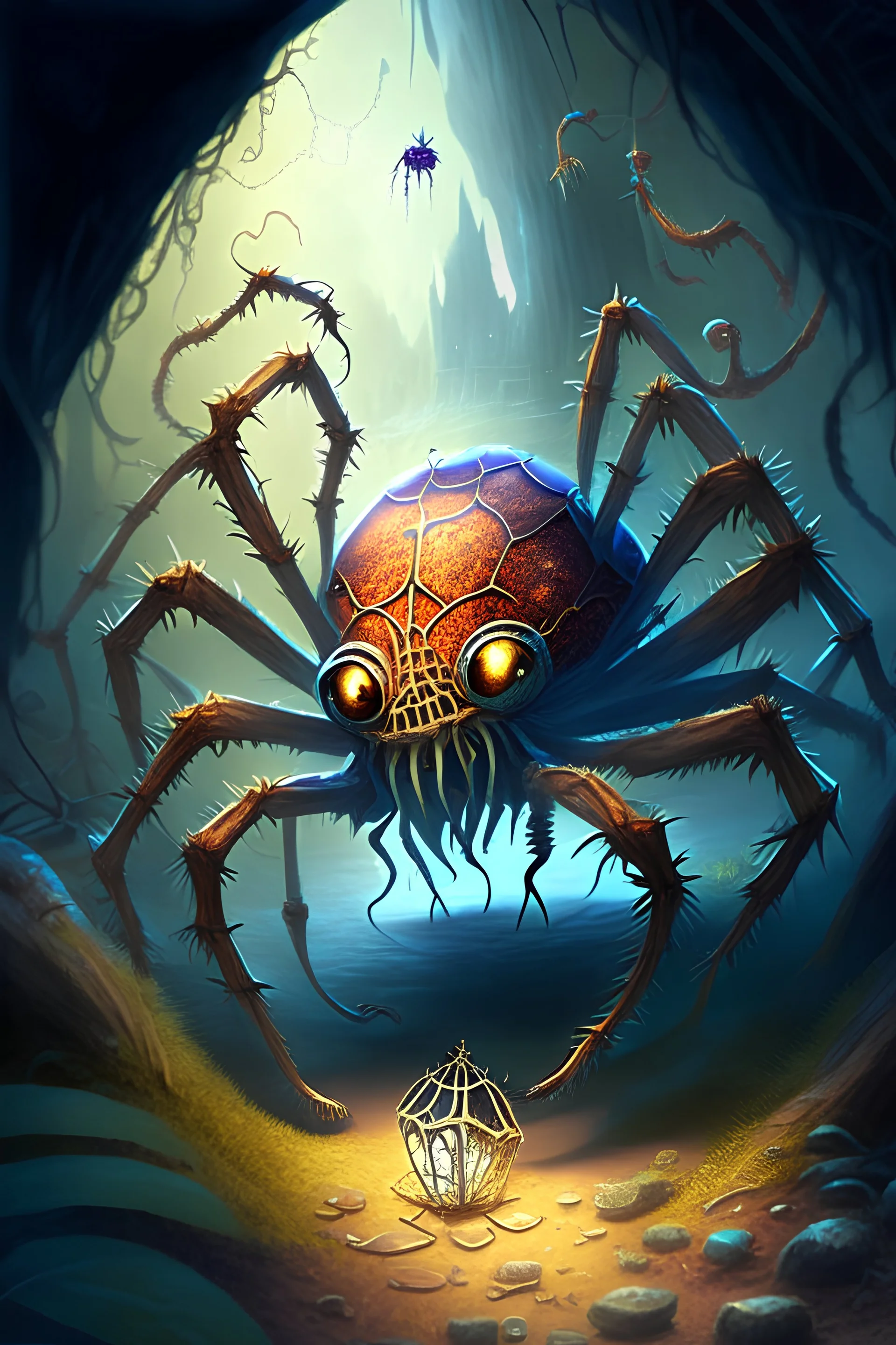 An imaginary monster spider treasures a wonderful treasure in a wonderful, harmonious imaginative scene