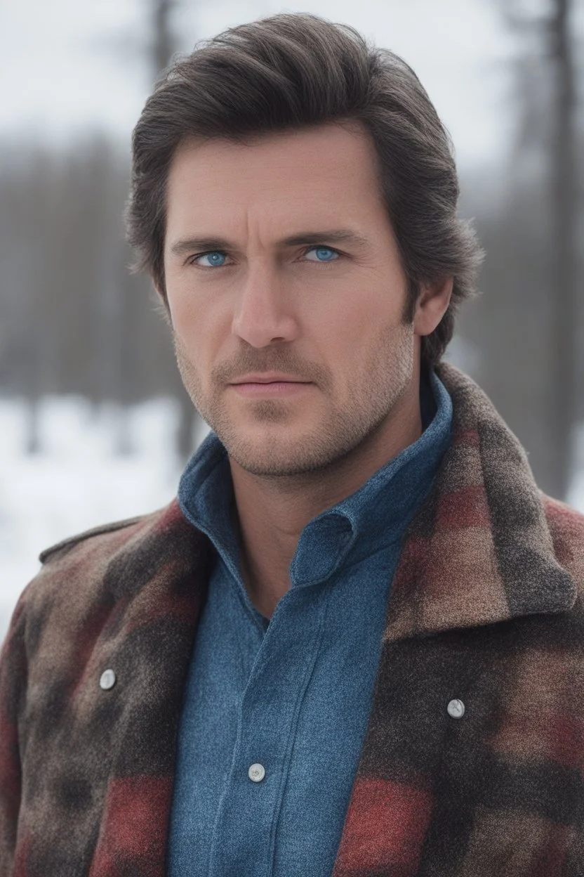 Blue eyes, close-up facial portrait - a Bright, well-lit UHD, 1080p 32k, photograph - winter time, hunting season, part Jesus Christ, part Elvis Presley with a mustache and short crew-cut hair, part Lee Majors, Part red and black checkered wool coat, blue jeans, cowboy boots, plaid shirt, sunbursts, crosses, 3D lighting, diamonds, hearts, Butterflies, Clovers, Roses, extremely colorful,