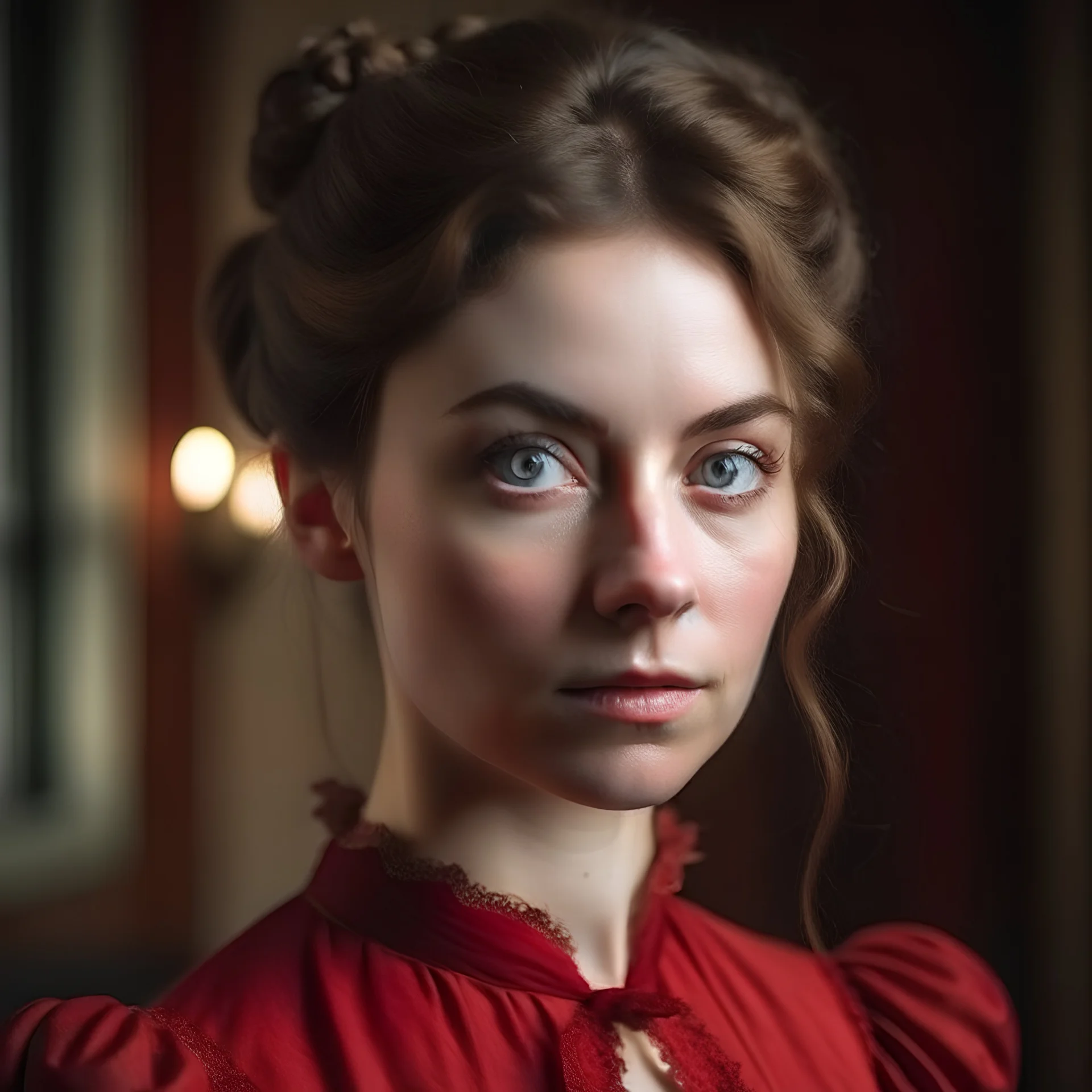 young woman with brown hair in victorian style wearing a red historical dress bruises under her eyes and gentle and kind face