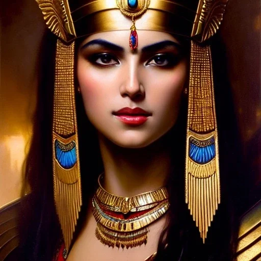 portrait beautiful face Cleopatra ,busty,ancient metal armor balanciaga fashion clothe painting by gaston bussiere, greg rutkowski, yoji shinkawa, yoshitaka amano, tsutomu nihei, donato giancola, tim hildebrandt, oil on canvas, cinematic composition, extreme detail,fit full head inside picture