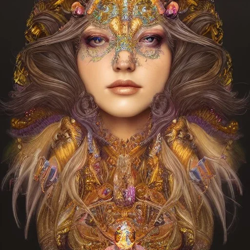 portrait,"Insanely detailed photograph of a beautiful Queen of the light Goddess,gorgeous clean face, highly intricate dress,intricately designed colorful mardigras decorations in hair,ominous,elegant, highly detailed hair, digital painting, artstation, concept art, smooth, sharp focus, illustration, art by artgerm and greg rutkowski, alphonse mucha,Dan witz, 8 k,looking downward,album cover art,fantasy