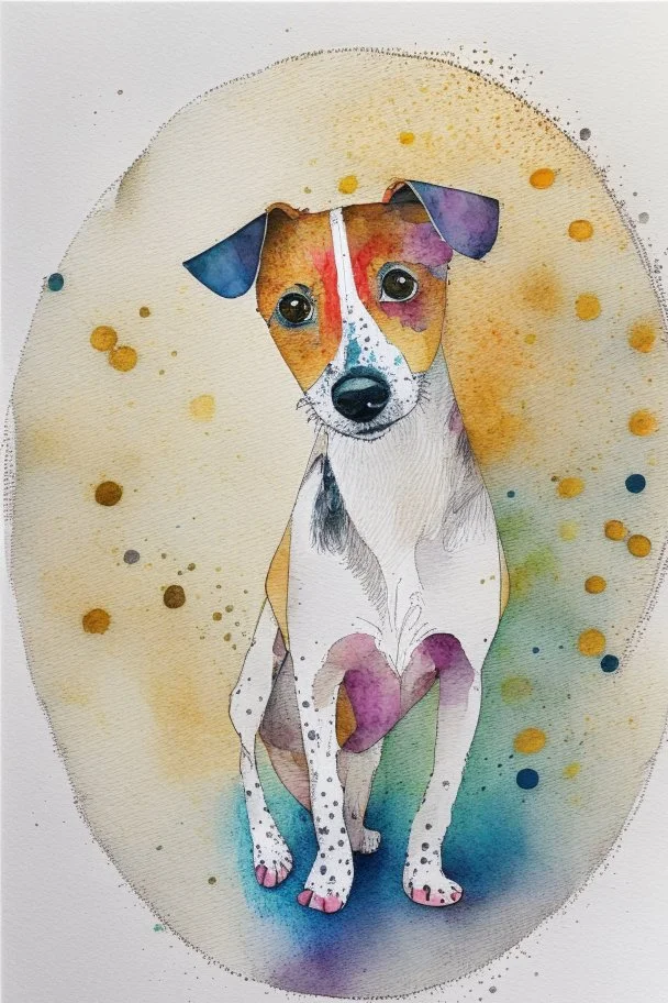 abstract watercolour of a jack Russell dog’s head in the style of Valerie Davide with bifurcated circles and thin pencil lines