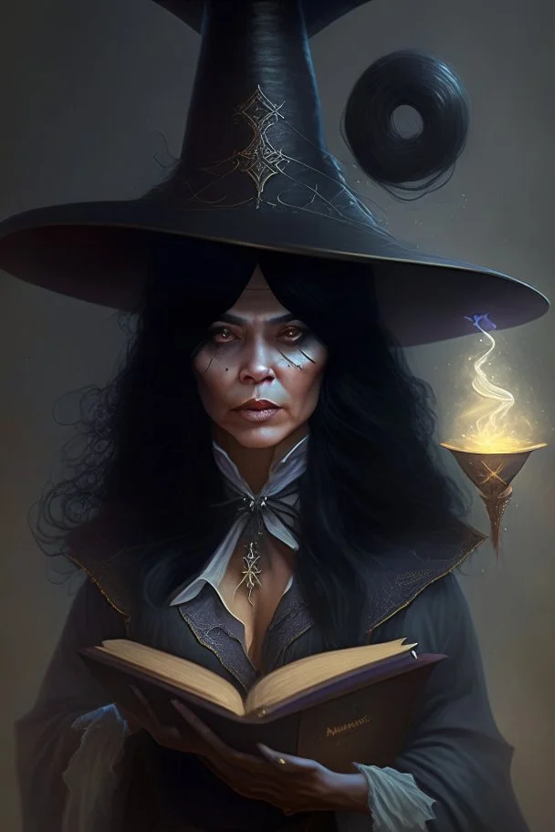 woman black hair middle aged magician with a spellbook big hat fantasy