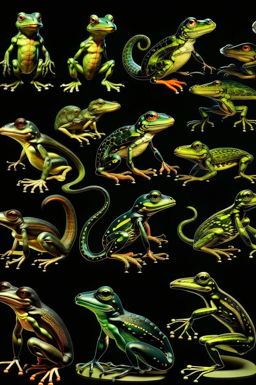 different variations of amphibians montage science book style