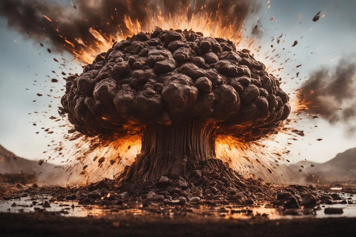 Atomic explosion, made of chocolate, ULTRA REALISTIC, details, intricate detail, professional lighting, film lighting, 35mm, anamorphic, lightroom, cinematography, bokeh, lens flare, film grain, hdr10, 8k, Roger Deakins, incredibly detailed, reflect, sharpen