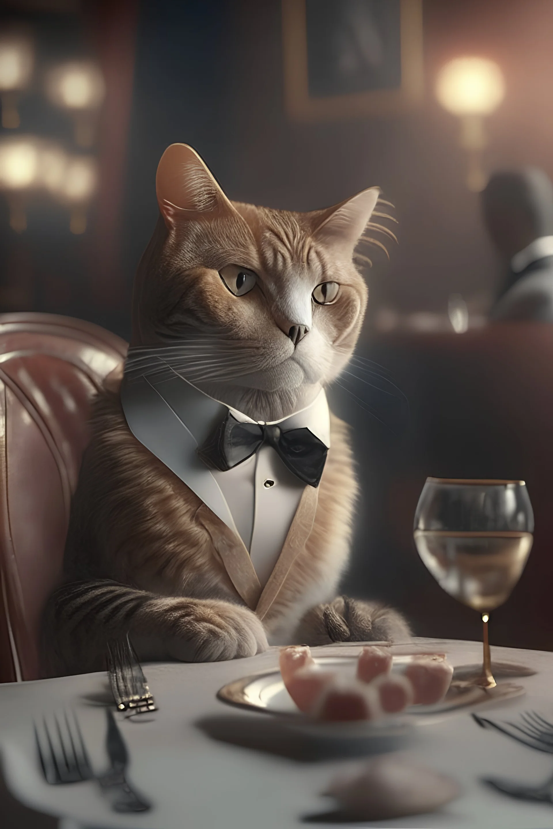 A cut cat in an elegant suit sits at a table in a five-star restaurant eating realistic photo cinematic