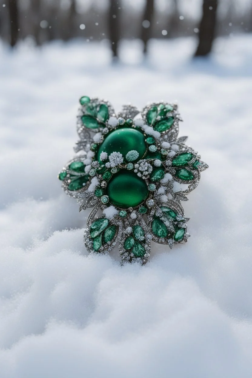 A green brooch in the snow