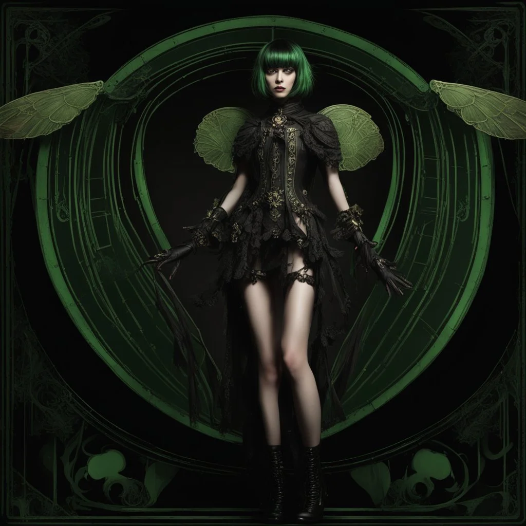 Full body, gothic woman with a bob with a fringe hairstyle, steampunk metal moth wings, green markings, black background