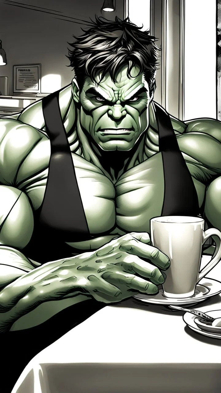 Artgerm, hulk sitting at a cosy diner, having a coffee, vain attitute, serenity, detailed, 8k, q2