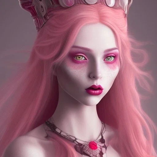 Beautiful pink witch made of fire with red eyes. Long curly wild pastel pink hair. Pink and red eyeshadow. Red lipstick. Pale skin with freckles and a round face. Big pink witch hat.