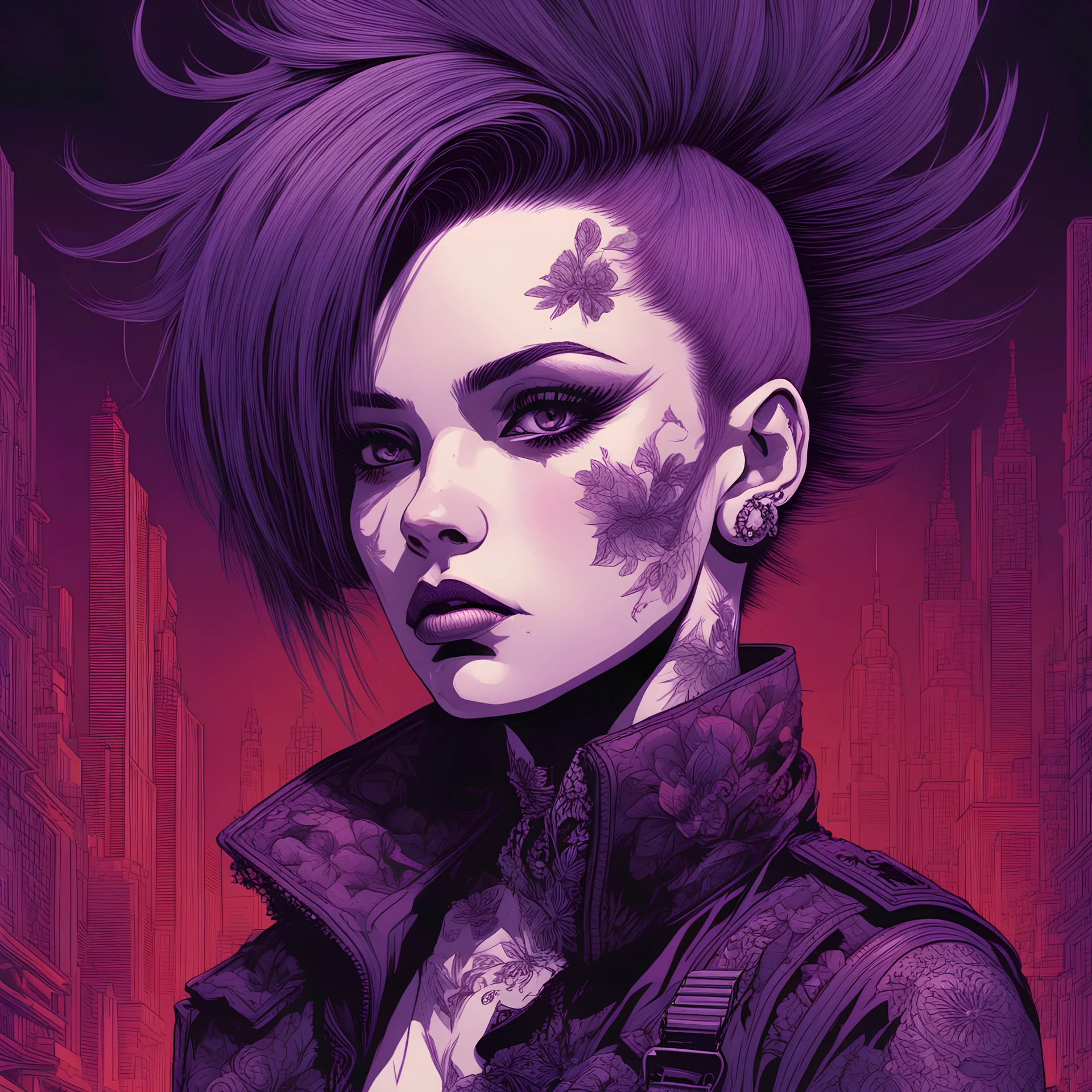 beautiful punk girl, hyper detailed, hyperdetailed, intricately detailed, illustration by <kilian eng>, purple tones, darkred tones,