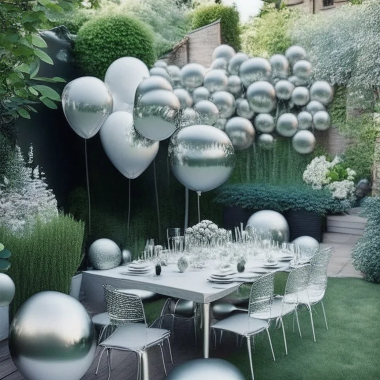 A picture of a modern garden with silver balloons and other party decoration