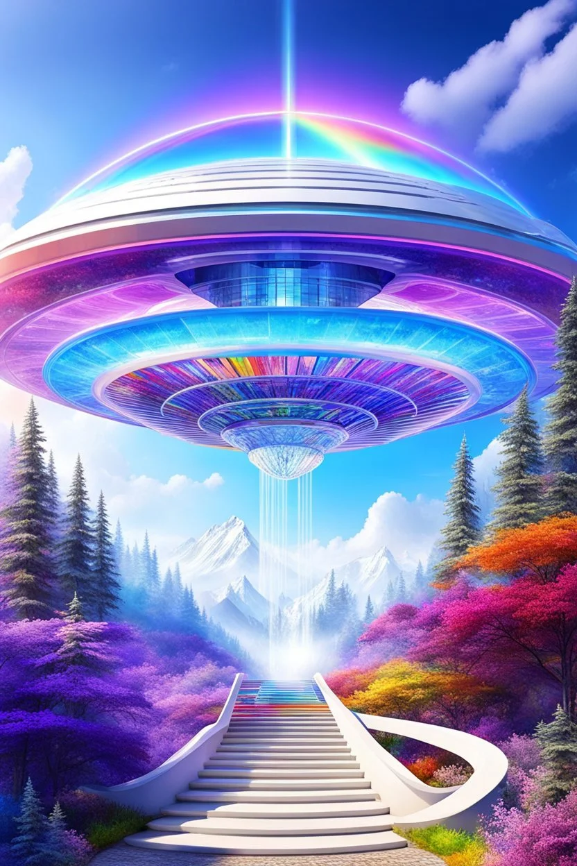 Ufo rainbow, futuriste ultra moderne,stairway to heaven,crystal very beautiful city,nature forest flowers colors