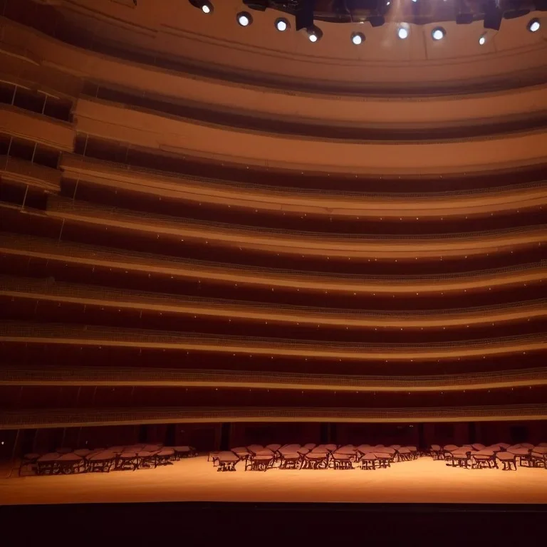 a close up view from stage of a single chair on stage under spotlight at a dark and empty symphony hall