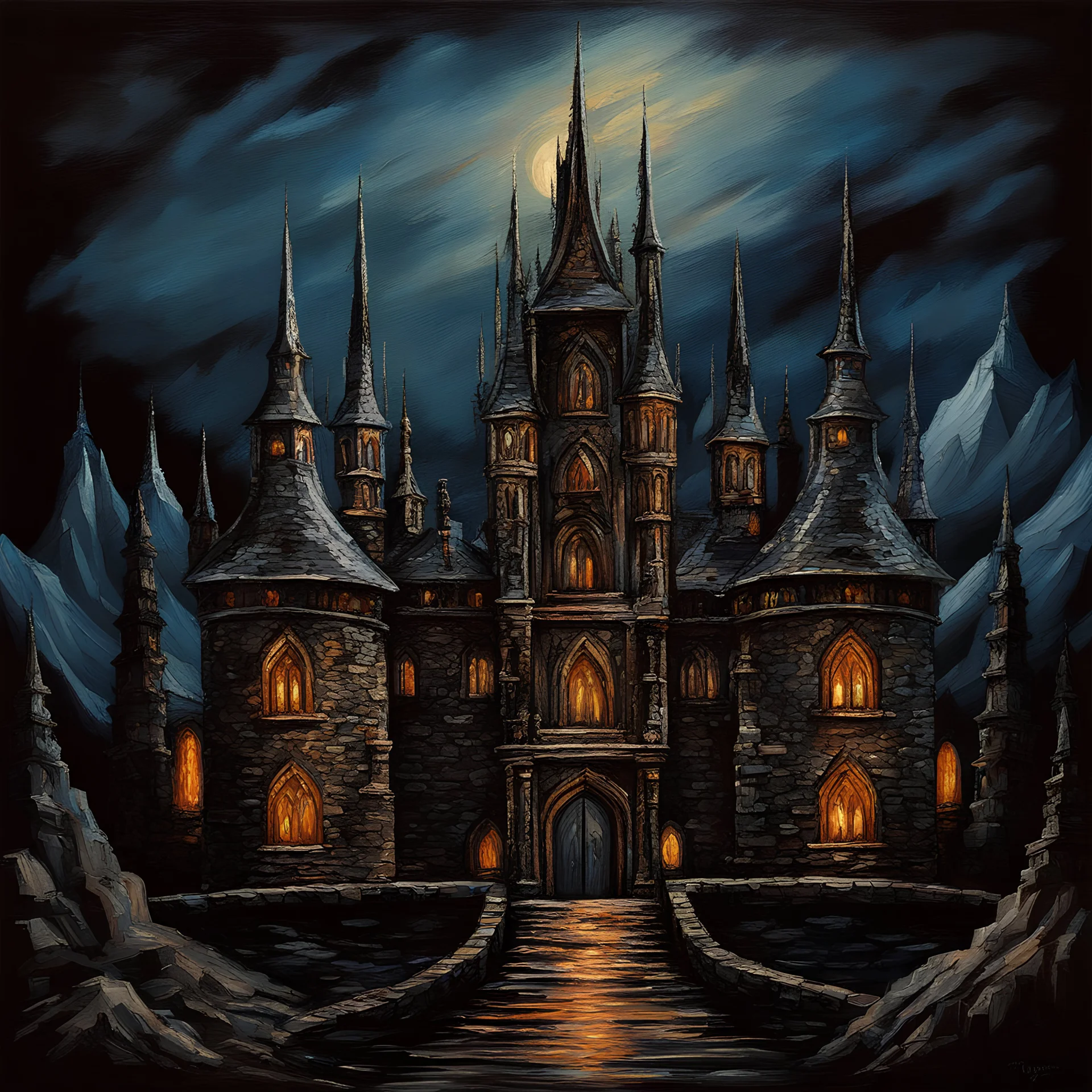 olpntng style, Large dark gothic ornate symmetrical castle with towers and spires in the mountains in the night, oil painting, heavy strokes, paint dripping