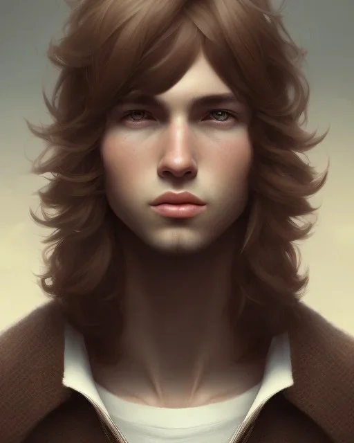  boy, cute, young, teen, brown hair, brown eyes, medium hair, bangs side part, head and shoulders portrait, head and shoulders portrait, 8k resolution concept art portrait by Greg Rutkowski,