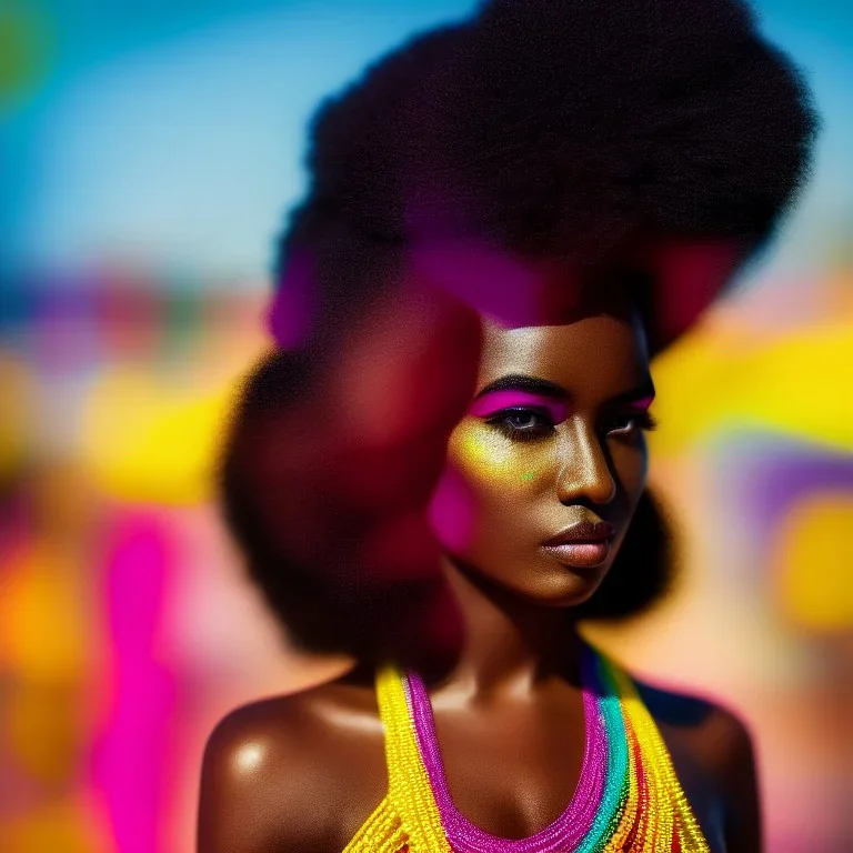 masterpiece, best quality, woman, dark skinned, sparkling eyes, fluorescent skin, colorful makeup, afro, head shot, highly detailed body, sun light, 4K, RAW, depth of field, high contrast, realistic details, 24mm