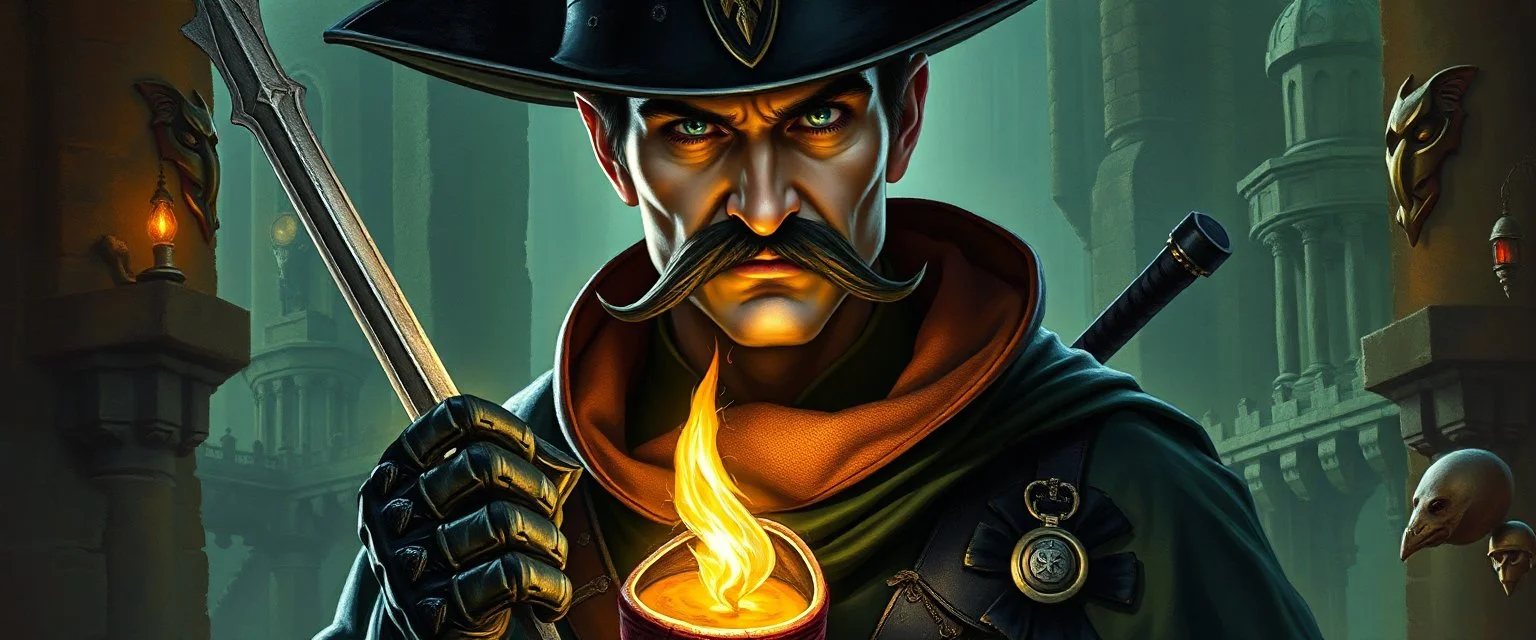 holy paladin assassin, oil paint and airbrush, upper body portrait of clever crow vintage mustache assassin thief quickling juggler man with Damascus steel sacrificial poison pouch in then elven magical green city of Forgotten Realms, myth drannor