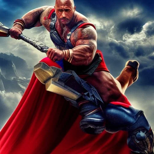 Fantasy, Dwayne Johnson as thor, heroic, award winning, insanely detailed, sunlit, realistic, fighting,acrylic paint, 8k resolution, hdr