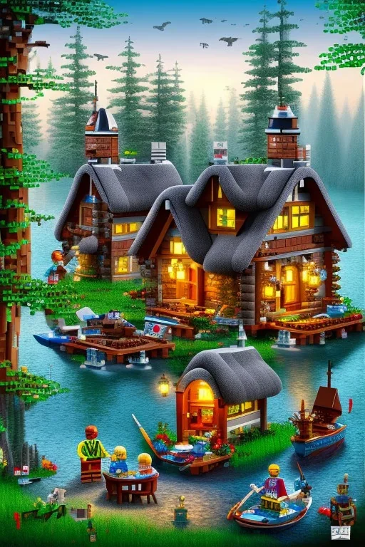 lego cottage in the forest with lake boy girl