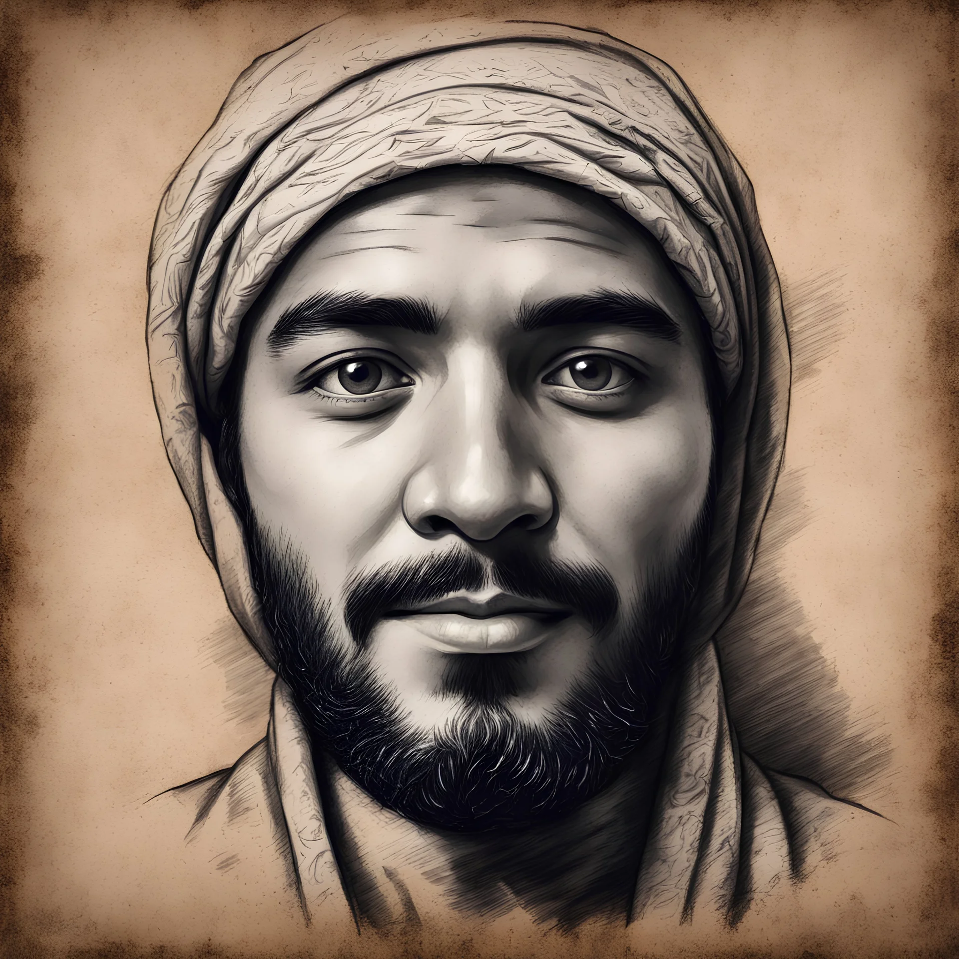 Hyper Realistic Sketch of a face of Muslim man on a vintage rustic paper with vignette effect & dark background