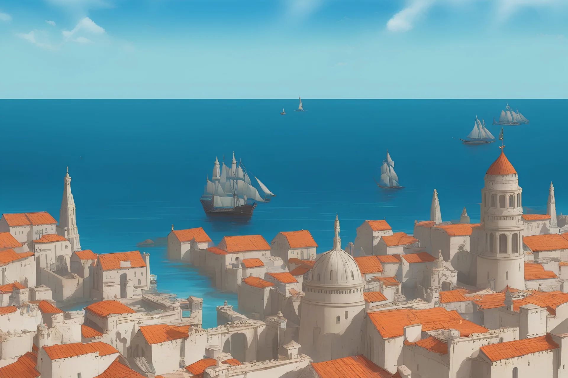 Concept art medivial fantasy port City with temple and sailing ships in the Water. On the horizon is a Storm