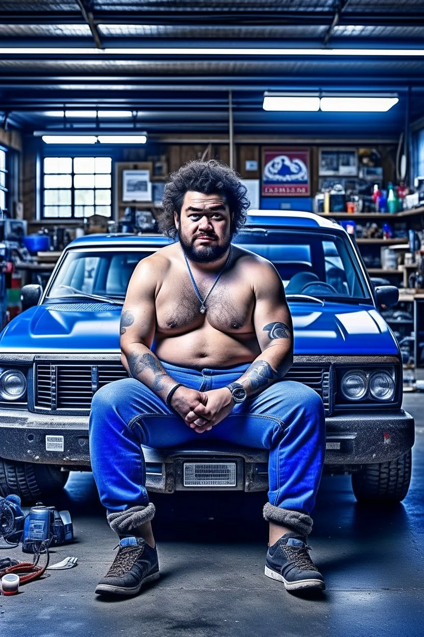 full figure shot photography of a short ugly hefty burly dirty chubby hairy angry man turkish 28 years old, short curly hair, shirtless, tattoo, manly chest with bulging opened short pants, hairy, angry eyes, inside a mechanical workshop under the sun sitting on the hood of a car, open legs, photorealistic, ambient occlusion, side light , frontal view from the floor