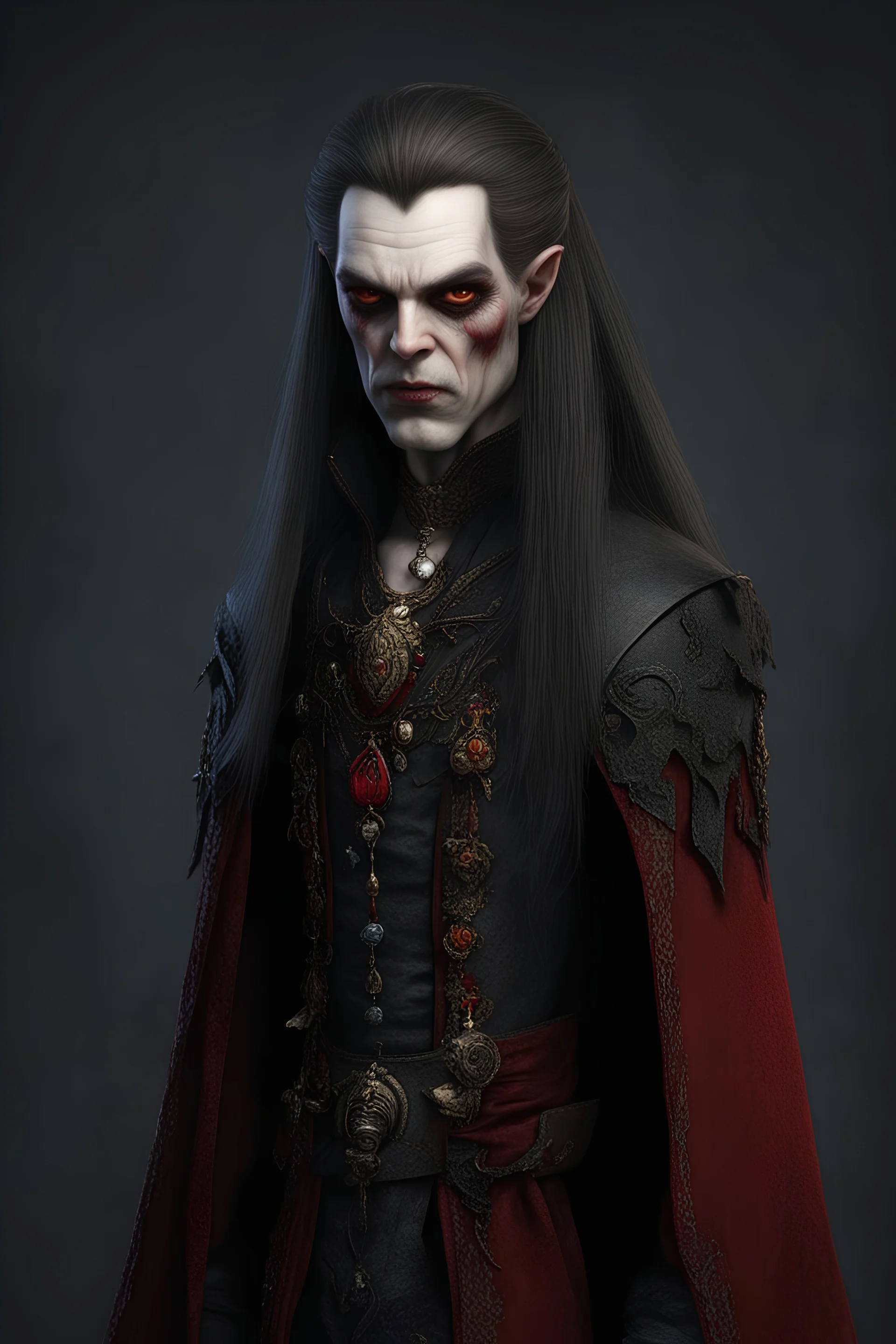 character, front view, vampire, realistic, 17th century, bat, baldur gate, bloody, dark, embroidery, jewelery, monstruosity,, long ear, long hair,