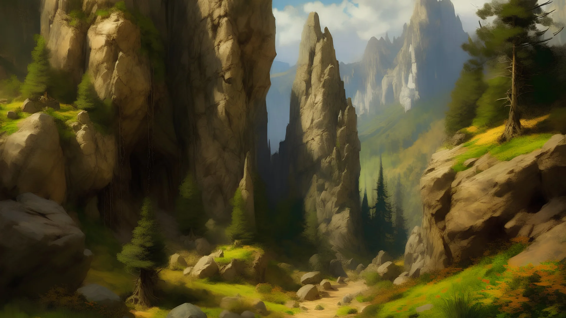 A secluded mountain alcove, rocky cliffs, burt pine trees, scorched earth, many craggs, realistic, medieval, painterly,