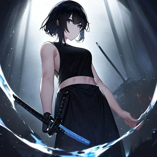 Clear focus,High resolution, black short fluffy hair, long fluffy bangs, and dark blue eyes, Depressed girl, wearing a black short shirt with a black sleeveless crop top, dark aura, controlling water, in a black room, holding a katana