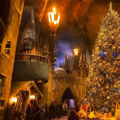 Harry Potter world with magic with beautiful surroundings with clear features and avartars, big fight with dark theme and winter background with christmas touch