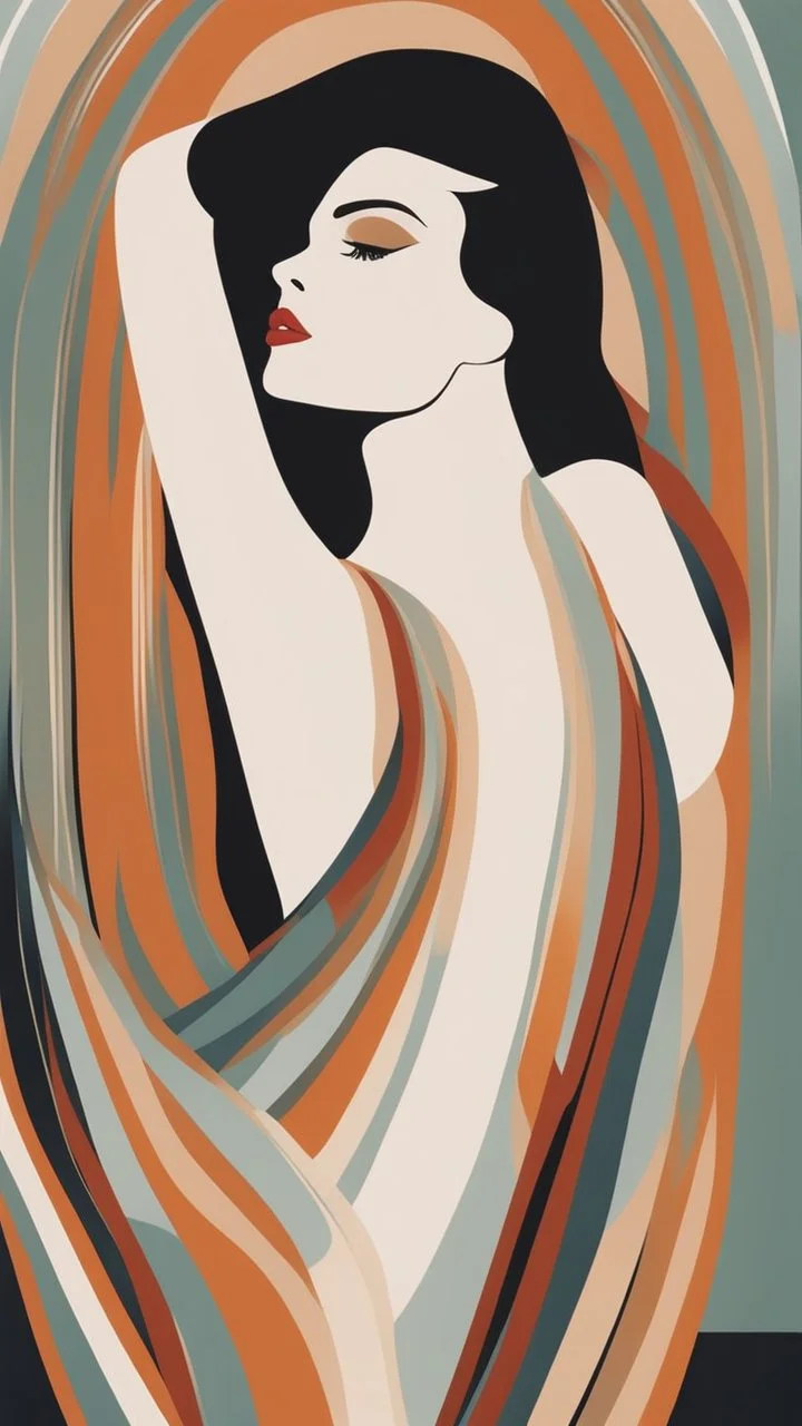 Esboço linear do corpo de uma mulher, with her arms cover her chest line fluid abstract, art style by Coco Vandi, retro minimal, trendy art, art style by Eckhart Tolle and Fabio Hurtado