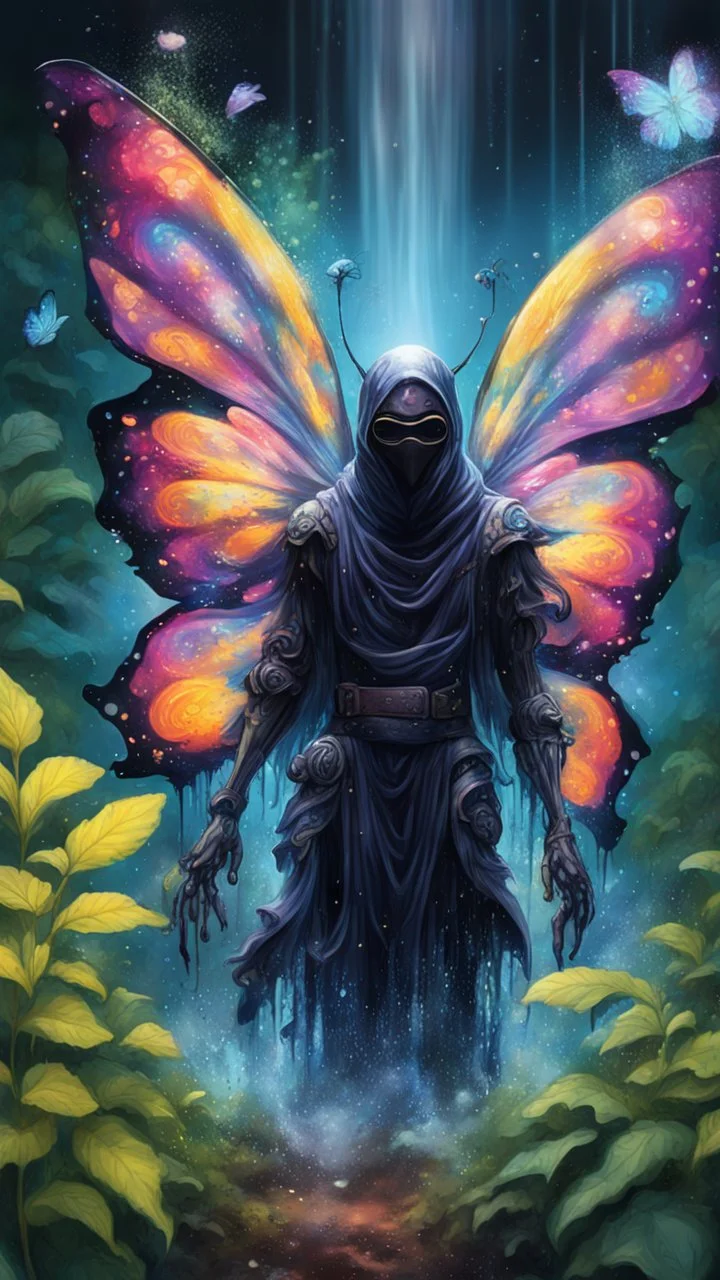 portrait of masked ninja angel wing butterfly dementor psychedelic interdimensional robot in the garden, watersplash waterfall and diving elves ,lotsa wild weed, in spotlight, magazine cover illustration with spray paint, signed, bokeh like, down-light, unreal engine, prize winning