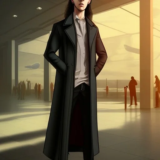 A tall slender young man with long hair and a black trench coat longingly waiting for his lover at an airport