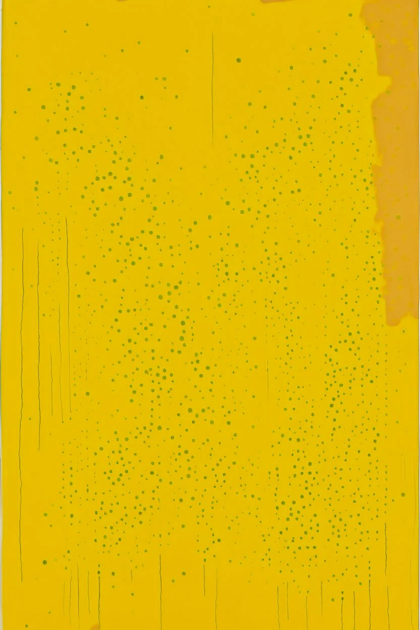 "There are 7,000 holes in Florida" is an abstract acrylic painting in shades of ochre paint with asterisks drawn all over it.