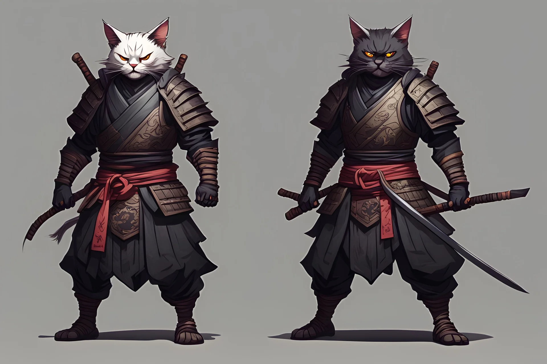 A full-body turnaround concept of an evil and dark samurai warrior with an angry cat face