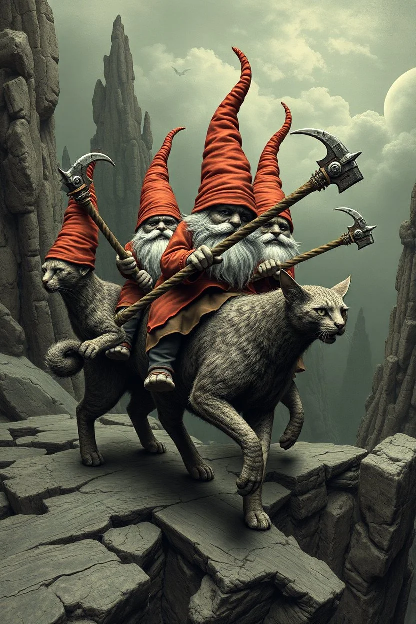 gnomes riding cats with hatchets in the style of Escher and Giger