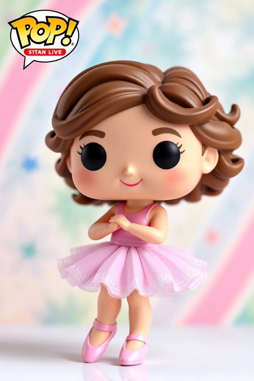 Funko Pop, very young female, medium wavy brown hair, pink ballerina dress, dance pose, smiling, very happy, colorful background, allowing visibility of the figure, typography, 3D render.