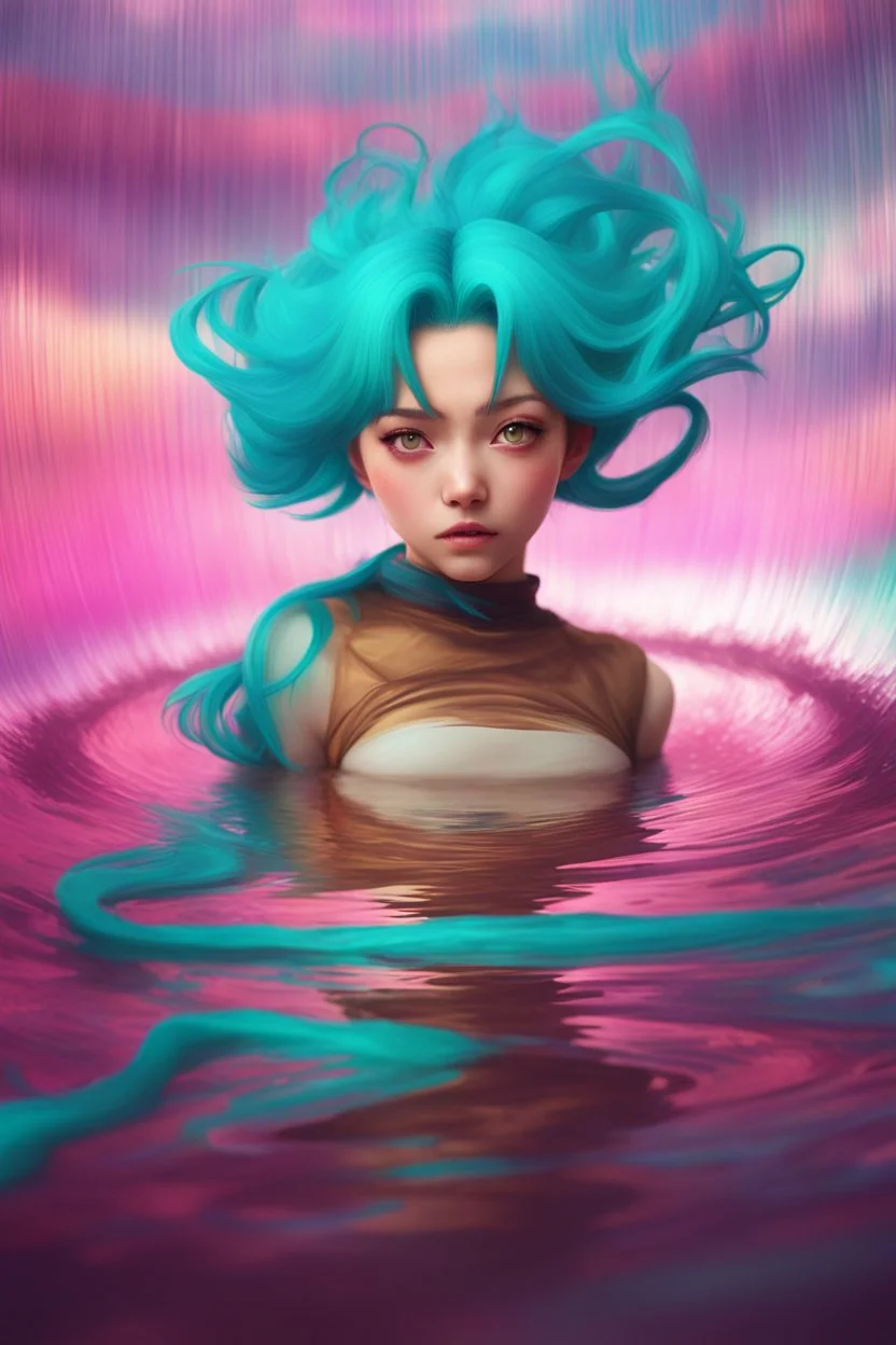 A stunning Anime girl suspended in a kaleidoscope of colors, captured in a photorealistic, cinematic photograph, as if plucked from a dream sequence. Her vibrant turquoise hair flows like a river, contrasting with the muted, earthy tones of her skin, set against a gradient of iridescent pinks and purples, evoking a sense of ethereal mysticism. Soft, cinematic film grain textures the image, infusing it with a sense of nostalgic warmth, as if lit by the flickering lights of a vintage cinema.