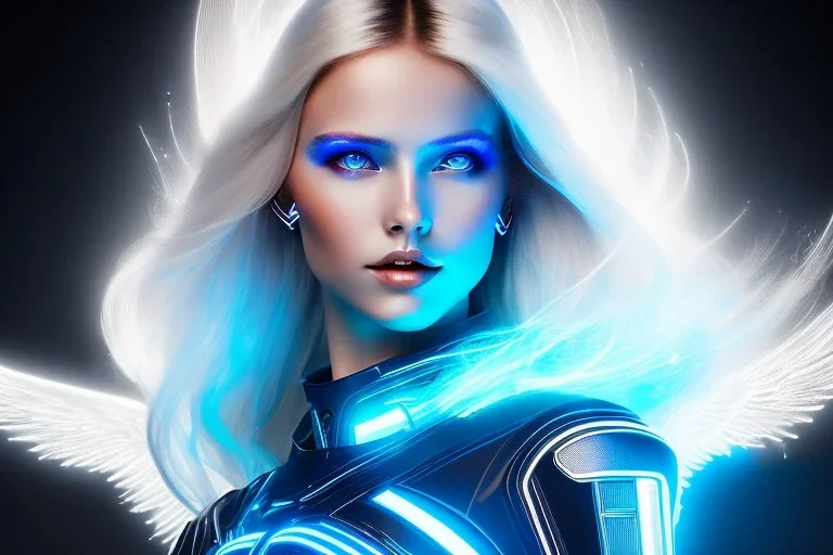 A beautiful portrait of a cute smiling cyber woman with wings, long blond platinum hair, luminous blue eyes, high key lighting, volumetric light high details with blue and white stripes white luminous celtic paterns, beam starry background