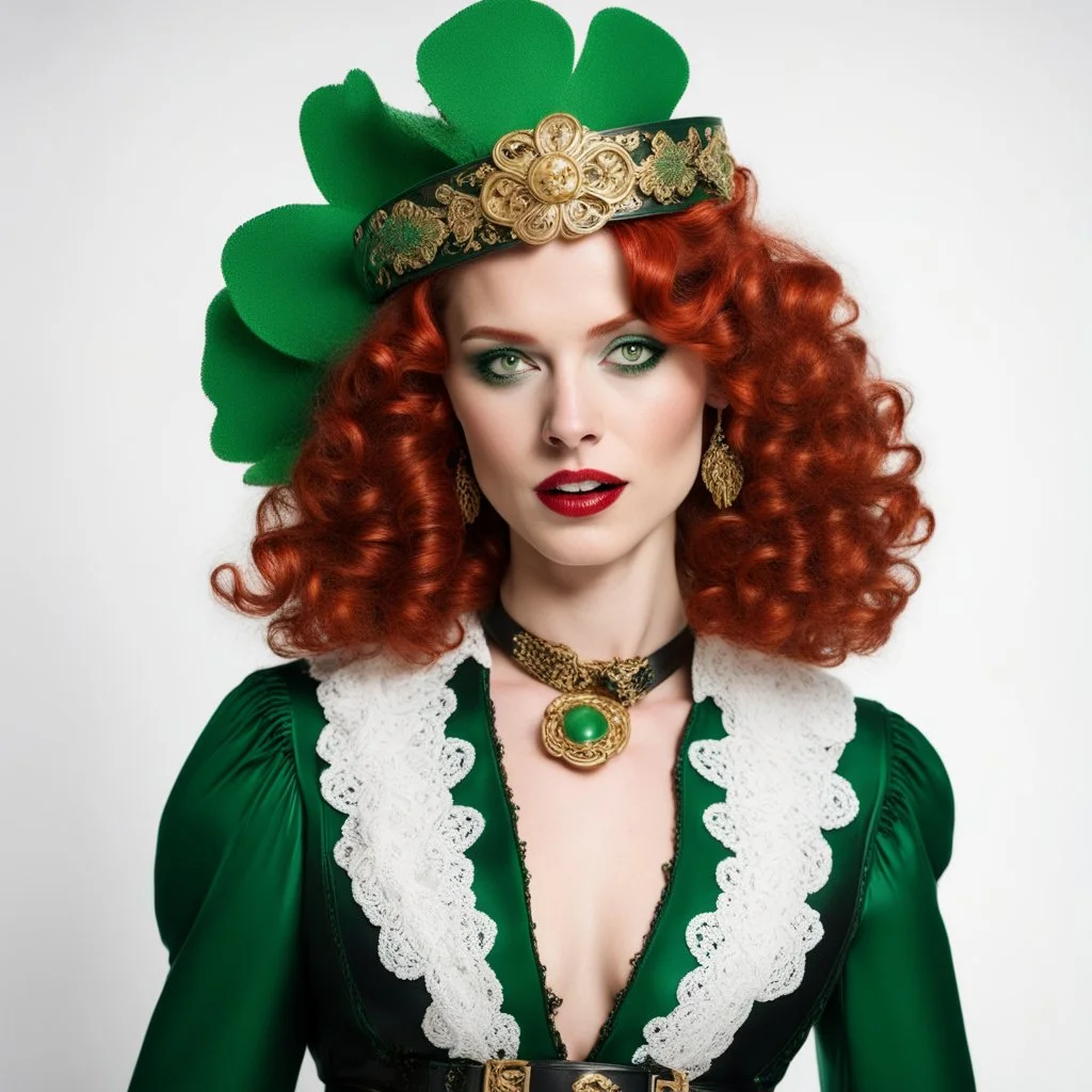 A beautiful woman with red hair, curly hair, wearing St. Patrick style clothing, St. Patrick headdress, gold leather, buckles and eyelets, black leather belt, white lace, black boots, green fingernails, model in the style of Hapers BAZAAR of the 40s, white background.