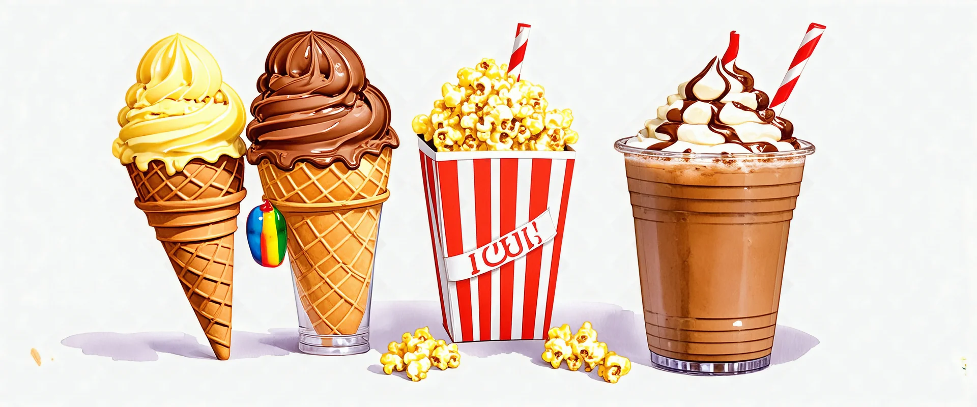ice cream cones, sundaes, striped bag of popcorn, iced coffee drink with whipped topping. whimsical digital painting on white