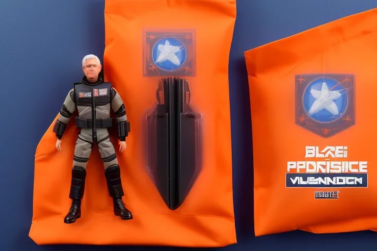 Mike Pence G.I. Joe toy Doll Space force uniform inside blister packaging hanging on a Wallrack in toystore, fluorescent orange, wide angle shot whole body, black boots, fullsize