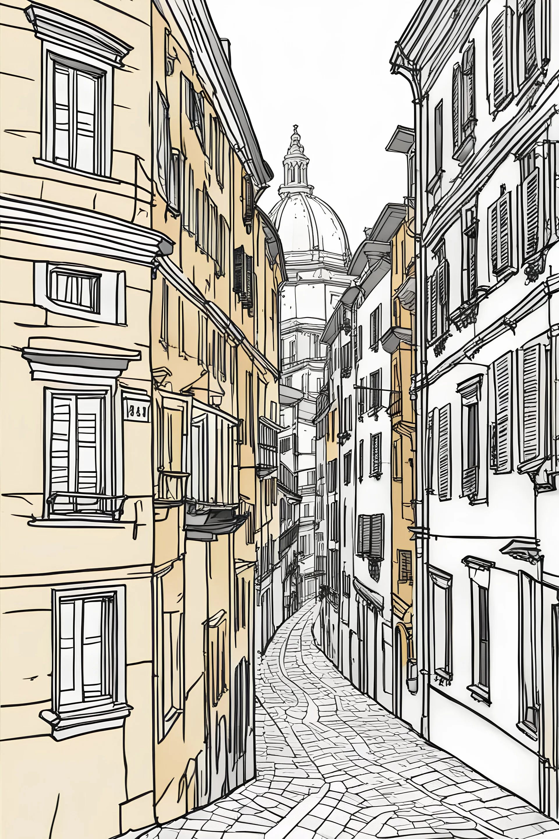 Imagine crafting a clean and minimalist coloring page. Create an image that encapsulates the charm of Genova 's vibrant streets with a focus on unique architectural features and the lively atmosphere. Maintain simplicity by using only a white background and black lines, ensuring no other colors are present. Convey the joy and liveliness of wandering through the streets of this Italian city without people within the confines of a 9:11 aspect ratio
