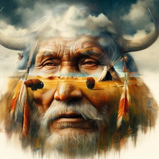 The old Cherokee man of the Great Plains, double exposure Cherokee mans face formed by a Teepee in a grass plains with Buffalo, watercolor by Jean-Baptiste Monge and Yossi Kotler, Modifiers: sharp focus extremely detailed intricate oil on canvas portrait hyperrealistic high definition crisp quality