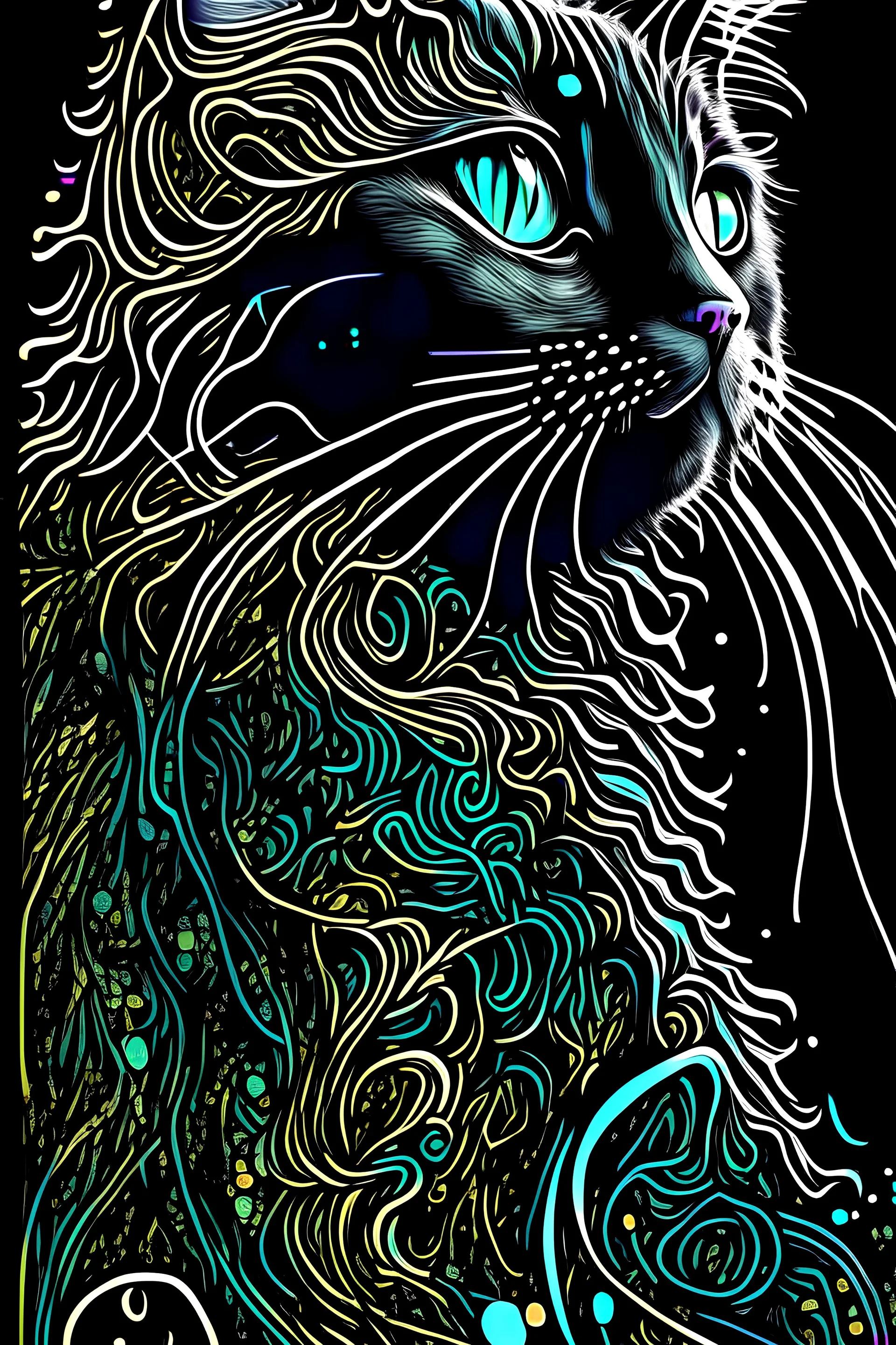 Wet color inks line art whimsical dreamy cat portrait with lot of ornament filigrees on black canvas illustration described in the perfect fractal style of Vassily Kandinsky, Jackson Pollock, Alphonse Mucha and Jeremy Mann, HQ, 4K