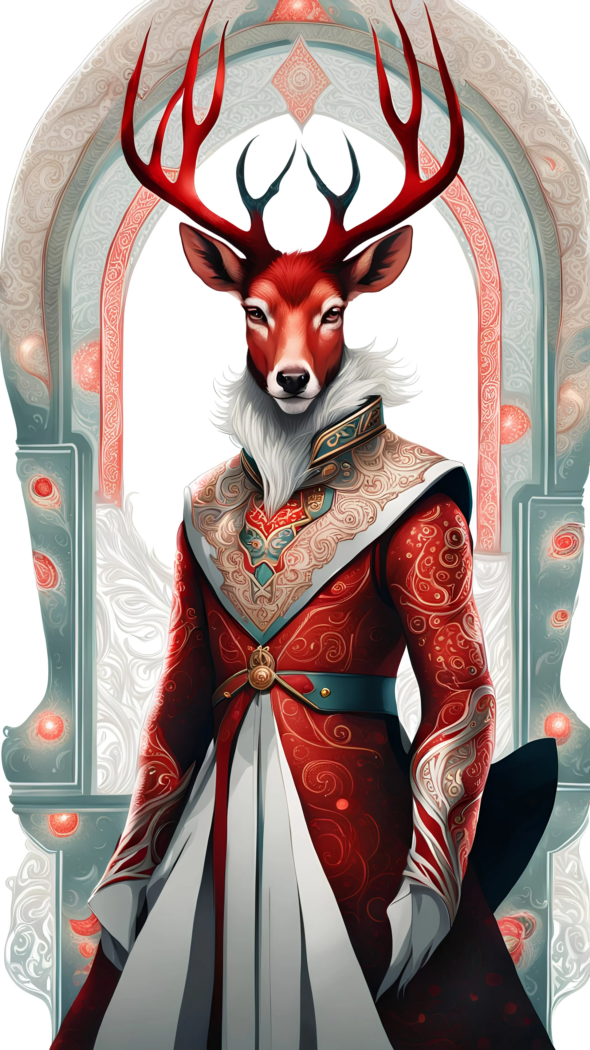 Strange creature . He looks like a human. Looks like a deer. And it looks like Elf It has ornate scales. Red white tattoo. He wears cosmic clothes
