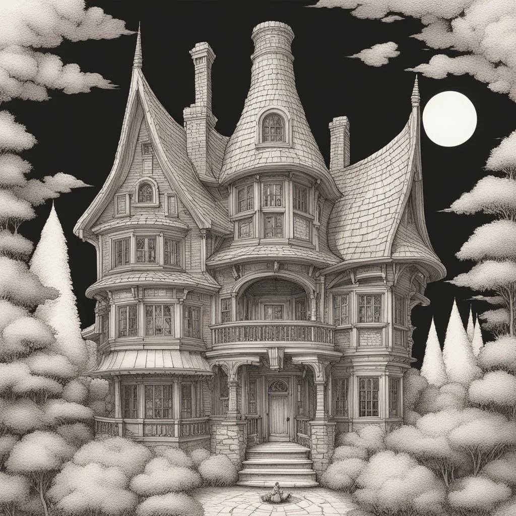 A detailed ink illustration of a front elevation of a fantasy house, with a tall chimney, rooms and floors added to the sides and roofs.